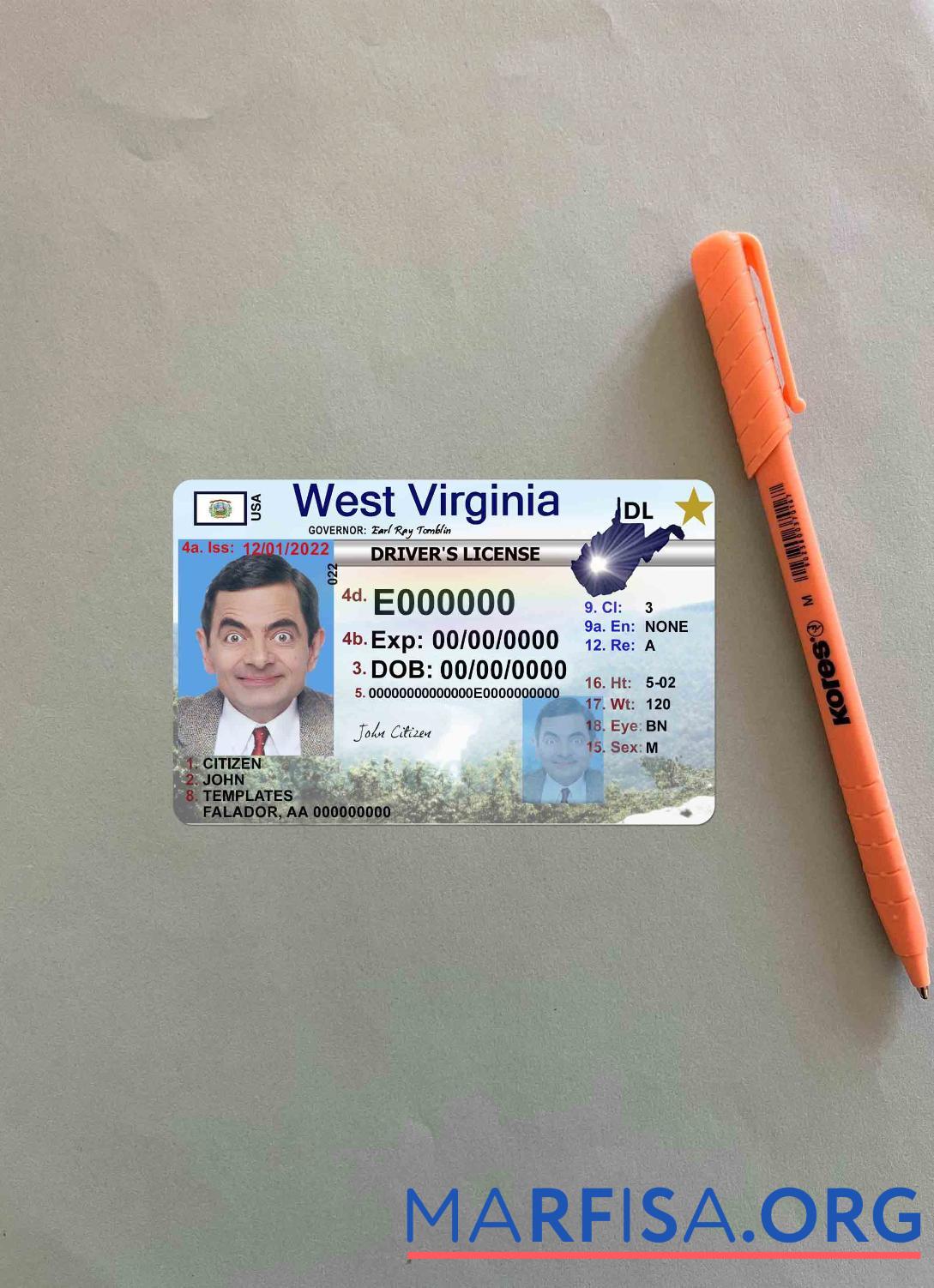 Realistic USA West Virgina driving license photolook example